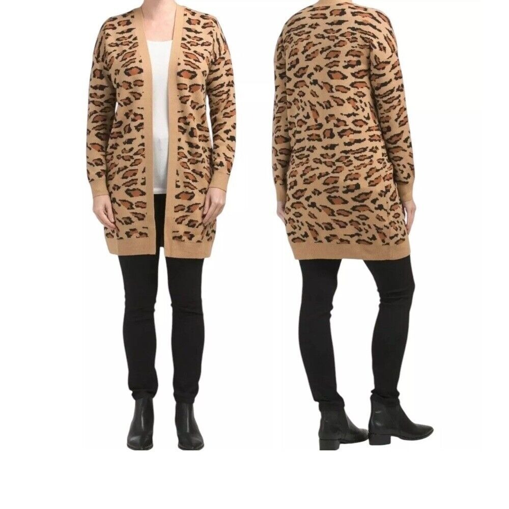 SPLENDID $168 Leopard Print Duster Cardigan, Boho Knit Sweater Tan Brown MED EUC